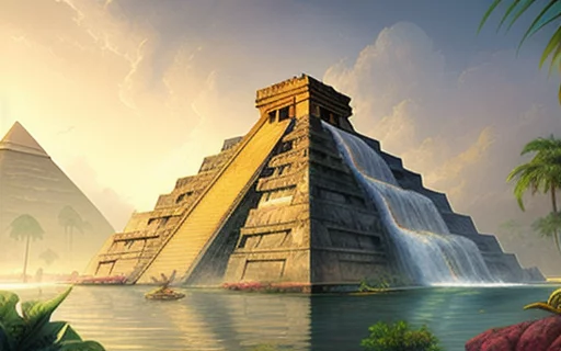 4893159505-a painting of a city of pyramids in the middle of a jungle, a mayan pyramid in the background, a fountain with a statue of an an.webp